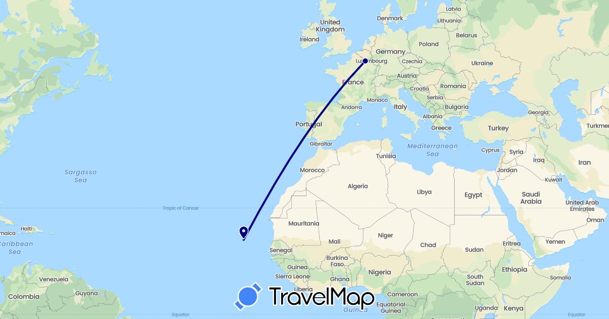TravelMap itinerary: driving in Cape Verde, France (Africa, Europe)